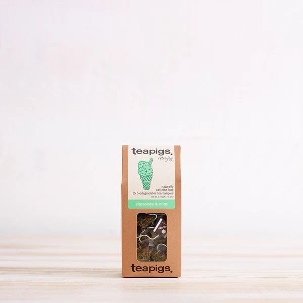 Teapigs Chocolate And Mint, 15 Tea Bags 37.5G, Front Of Box In Lifestyle Setting, Available At Teas.co.uk