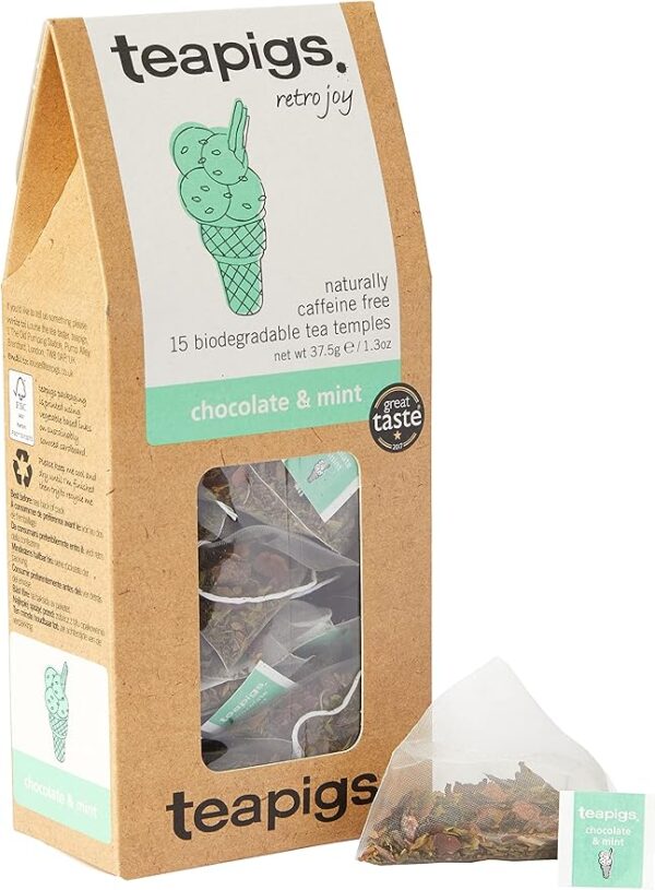 Www-Teas-Co-Uk-Teapigs-Chocolate-And-Mint-15-Tea-Bags-37-5G-5060136750281-Front-Of-Box-With-Tea-Bag-Showing Teapigs Chocolate And Mint, 15 Tea Bags 37.5G