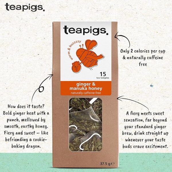 Teapigs Ginger and Manuka Honey, 15 Tea Bags 37.5g, box with tea facts, available at teas.co.uk