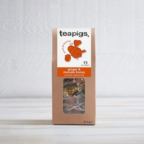 Teapigs Ginger And Manuka Honey 15 Tea Bags 37 5G Front Of Box In, lifestyle picture, available at teas.co.uk