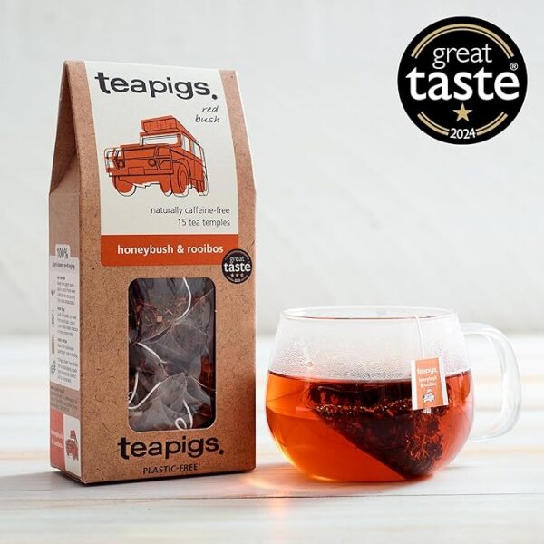 Teapigs Honeybush And Rooibos 15 Tea Bags 37 5G 506013675011337 Box With, brewing tea in clear glass cup, available at teas.co.uk