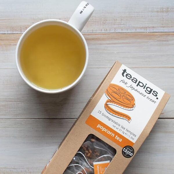 Teapigs Popcorn Tea, 15 Tea Bags 37.5g, front of box with brewed tea in glass, available at teas.co.uk