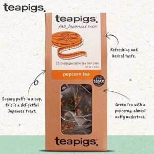 Teapigs Popcorn Tea, 15 Tea Bags 37.5g, front of box with health facts, available at teas.co.uk
