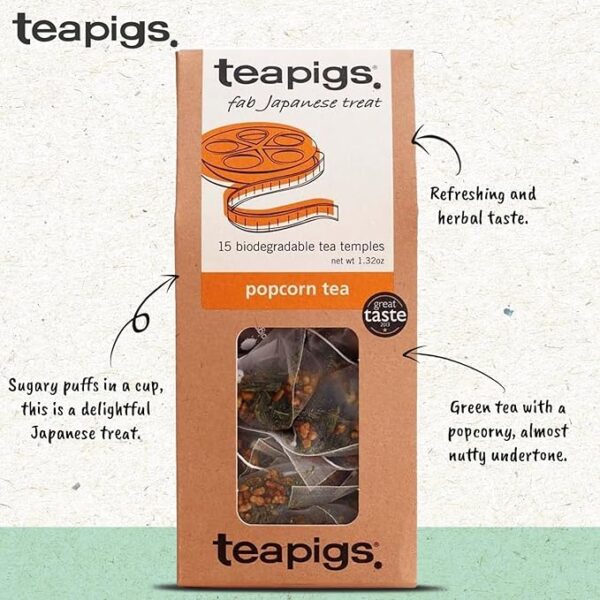 Teapigs Popcorn Tea, 15 Tea Bags 37.5g, front of box with health facts, available at teas.co.uk