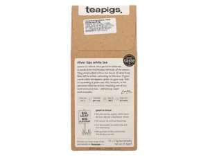 Teapigs Silver Tips White Tea, 15 Tea Bags 37.5g, back of box, available at teas.co.uk