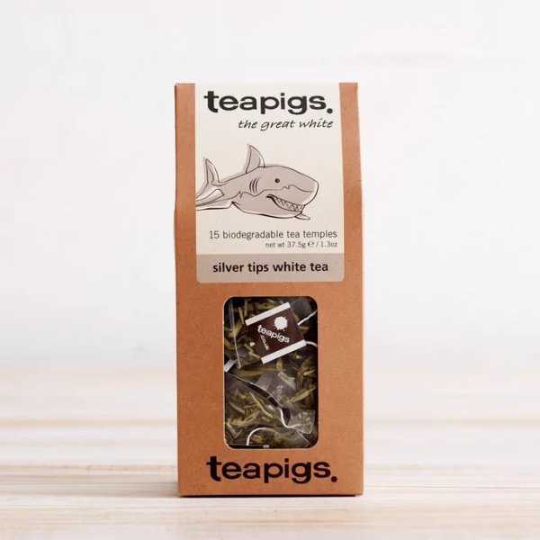 Teapigs Silver Tips White Tea, 15 Tea Bags 37.5g, front of box lifestyle, available at teas.co.uk