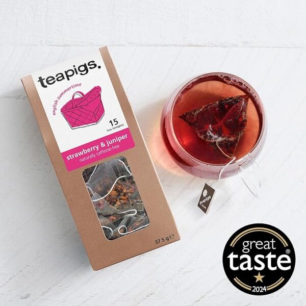 Teapigs Strawberry and Juniper, 15 Tea Bags 37.5g, box on table with brewing tea, available at teas.co.uk