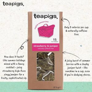 Teapigs Strawberry and Juniper, 15 Tea Bags 37.5g, front of box with tea facts, available at teas.co.uk