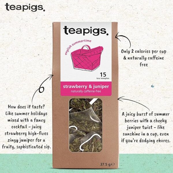 Teapigs Strawberry and Juniper, 15 Tea Bags 37.5g, front of box with tea facts, available at teas.co.uk