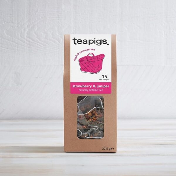 Teapigs Strawberry and Juniper, 15 Tea Bags 37.5g, lifestyle front of box, available at teas.co.uk