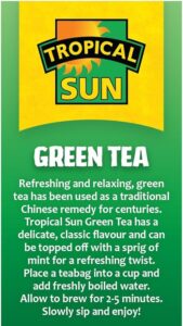 Tropical Sun Green Tea, 20 Tea Bags 40g, left side of box, available at teas.co.uk