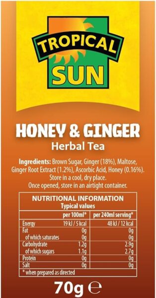 Tropical Sun Honey and Ginger, 20 Tea Bags 70g, left side of box, available at teas.co.uk