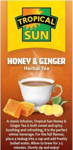 Tropical Sun Honey and Ginger, 20 Tea Bags 70g, right side of box, available at teas.co.uk