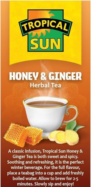 Tropical Sun Honey and Ginger, 20 Tea Bags 70g, right side of box, available at teas.co.uk