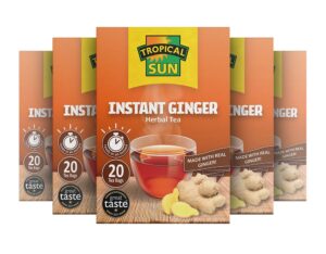 Tropical Sun Instant Ginger, 20 Tea Bags 140g, multi view of tea box.webp, available at teas.co.uk