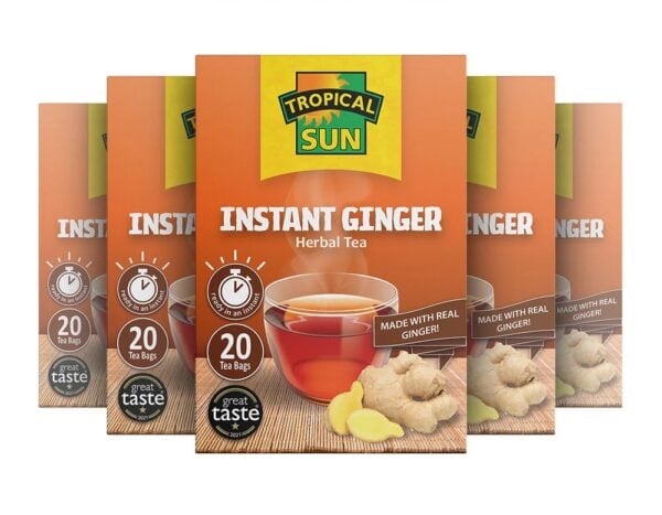 Tropical Sun Instant Ginger, 20 Tea Bags 140g, multi view of tea box.webp, available at teas.co.uk