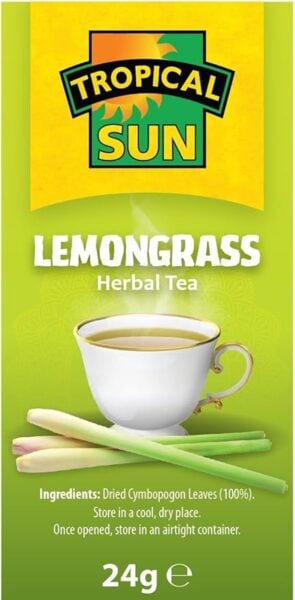 Tropical Sun Lemongrass, 20 Tea Bags 24g, right side of box, available at teas.co.uk