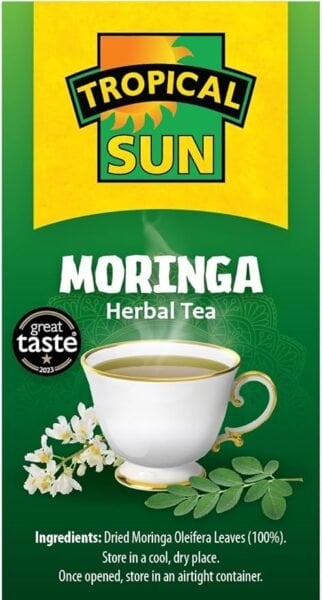 Tropical Sun Moringa, 20 Tea Bags 30G, Left Side Of Box, Available At Teas.co.uk