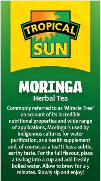 Tropical Sun Moringa, 20 Tea Bags 30g, right side of box, available at teas.co.uk