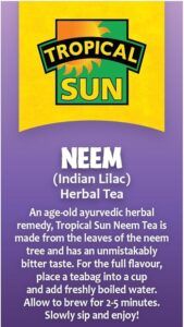 Tropical Sun Neem, 20 Tea Bags 30g, left side of box, available at teas.co.uk