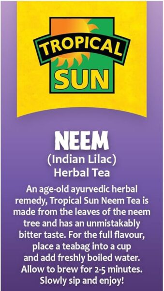 Tropical Sun Neem, 20 Tea Bags 30g, left side of box, available at teas.co.uk