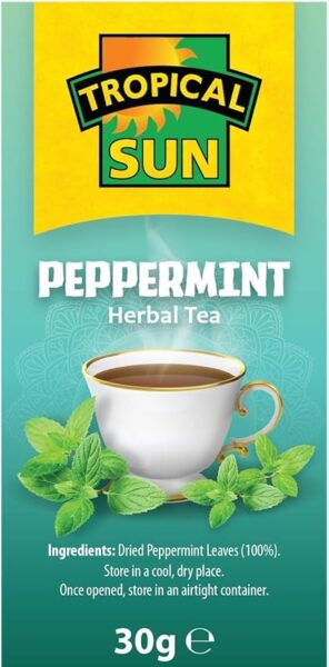 Tropical Sun Peppermint, 20 Tea Bags 30g, left side of box, available at teas.co.uk