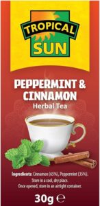 Tropical Sun Peppermint and Cinnamon, 20 Tea Bags 30g, left side of box, available at teas.co.uk
