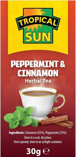 Tropical Sun Peppermint and Cinnamon, 20 Tea Bags 30g, left side of box, available at teas.co.uk