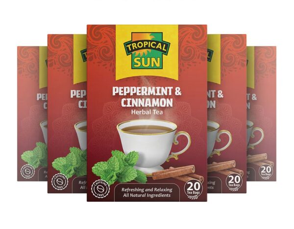 Tropical Sun Peppermint and Cinnamon, 20 Tea Bags 30g, multi boxes on display, available at teas.co.uk