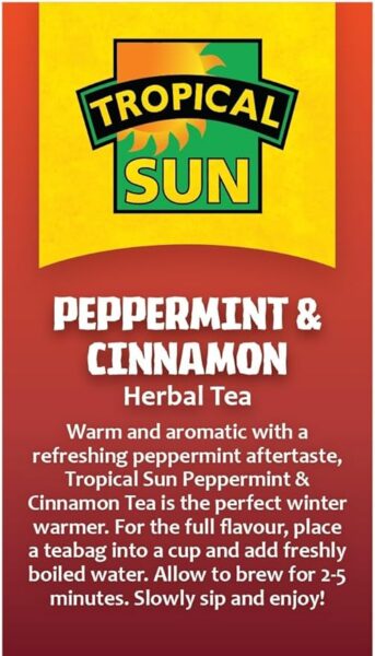 Tropical Sun Peppermint and Cinnamon, 20 Tea Bags 30g, right side of box, available at teas.co.uk