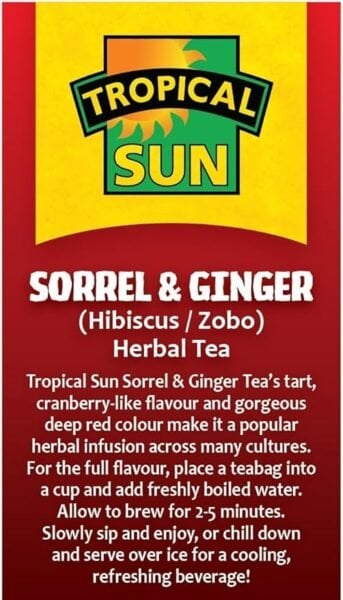 Tropical Sun Sorrel And Ginger, 20 Tea Bags 40G, Left Side Of Box, Available At Teas.co.uk