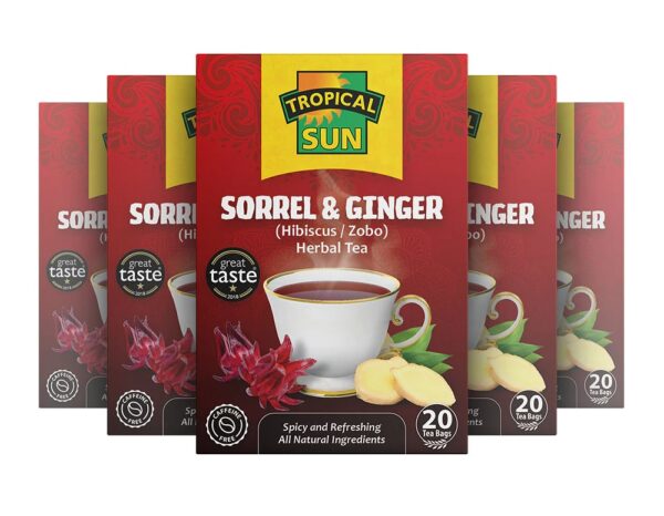 Tropical Sun Sorrel and Ginger, 20 Tea Bags 40g, multi box view, available at teas.co.uk