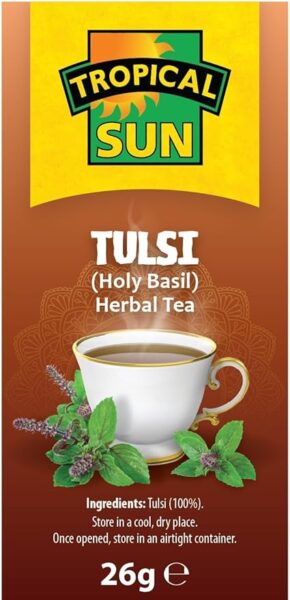 Tropical Sun Tulsi, 20 Tea Bags 26g, left side of box, available at teas.co.uk