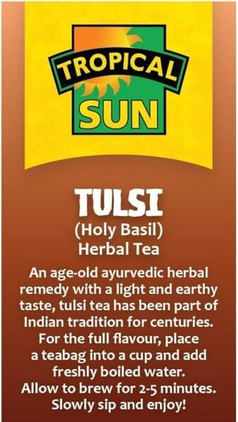 Tropical Sun Tulsi, 20 Tea Bags 26G, Right Side Of Box, Available At Teas.co.uk