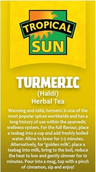 Tropical Sun Turmeric, 20 Tea Bags 30G, Left Side Of Box, Available At Teas.co.uk