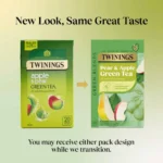 Twinings Apple and Pear Green Tea, 20 Tea Bags 40g, new and old design together with information, available at teas.co.uk