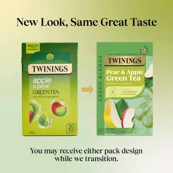 Twinings Apple And Pear Green Tea, 20 Tea Bags 40G, New And Old Design Together With Information, Available At Teas.co.uk