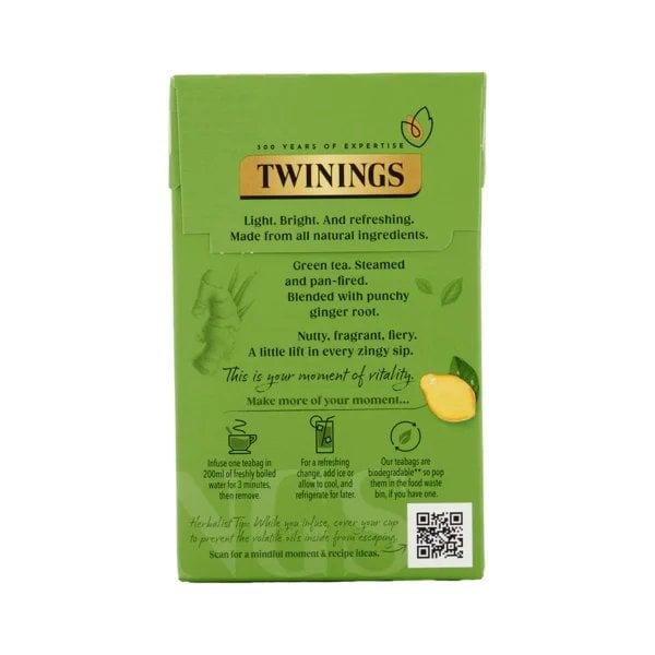Twinings Ginger Green Tea, 20 Tea Bags 40G, Back Of Box, Available At Teas.co.uk