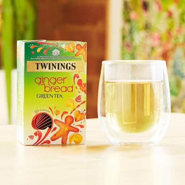 Www-Teas-Co-Uk-Twinings-Gingerbread-Green-Tea-20-Tea-Bags-40G-070177072643-Front-Of-Box-Next-To-Brewing-Tea Twinings Gingerbread Green Tea, 20 Tea Bags 40G