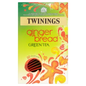 Twinings Gingerbread Green Tea, 20 Tea Bags 40g, front of box showing open window to tea bags, available at teas.co.uk