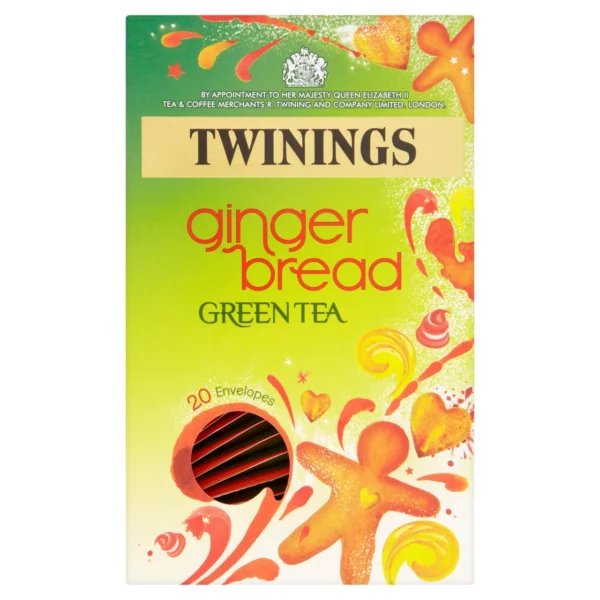 Twinings Gingerbread Green Tea, 20 Tea Bags 40g, front of box showing open window to tea bags, available at teas.co.uk