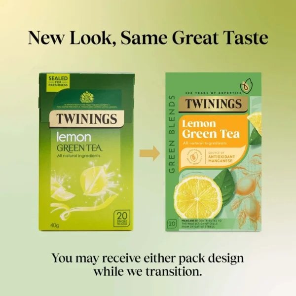 Twinings Lemon Green Tea, 20 Tea Bags 40g, new and old design together with transition information, available at teas.co.uk