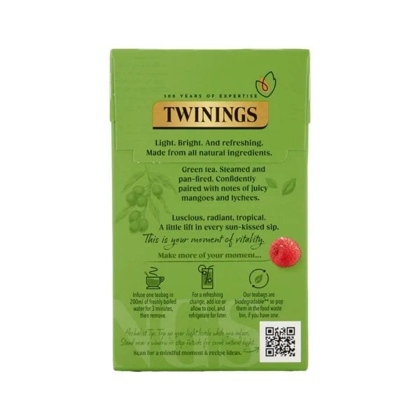 Twinings Mango And Lychee Green Tea, 20 Tea Bags 40G, Back Of Box, Available At Teas.co.uk