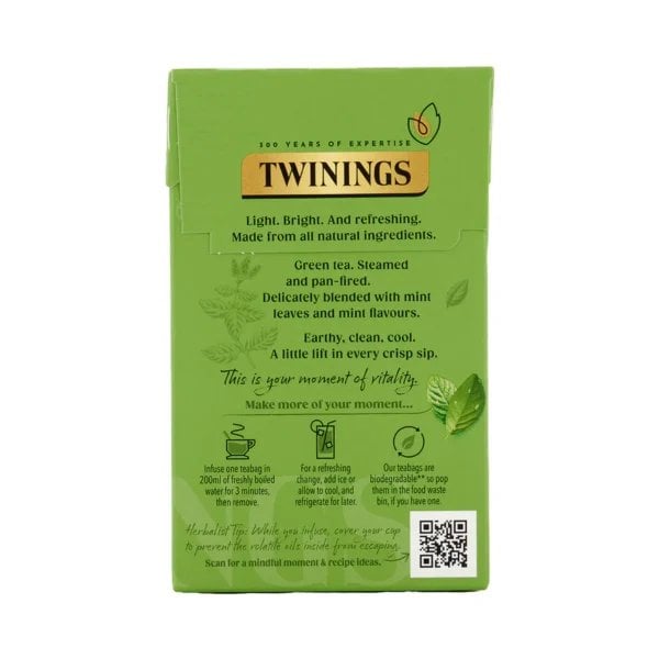 Twinings Mint Green Tea, 20 Tea Bags 40g, back of box, available at teas.co.uk