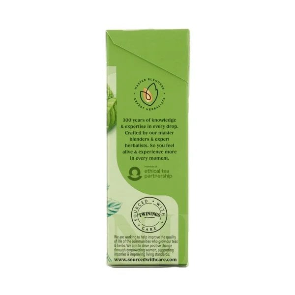 Twinings Mint Green Tea, 20 Tea Bags 40g, risht side of box, available at teas.co.uk