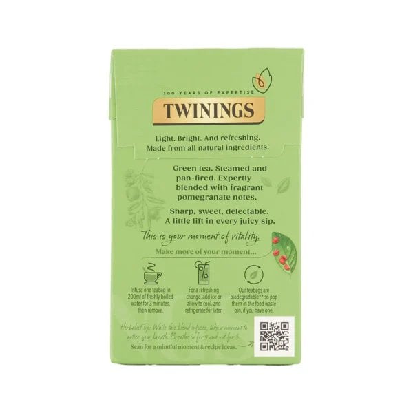 Twinings Pomegranate Green Tea, 20 Tea Bags 40G, Back Of Box, Available At Teas.co.uk