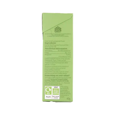 Twinings Pomegranate Green Tea, 20 Tea Bags 40G, Left Side Of Box, Available At Teas.co.uk