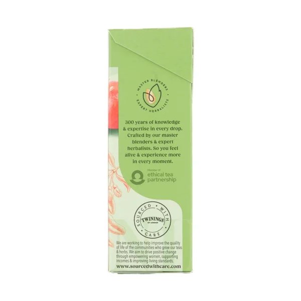Twinings Pomegranate Green Tea, 20 Tea Bags 40g, right side of box, available at teas.co.uk