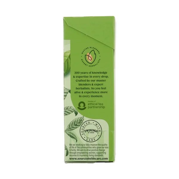 Twinings Pure Green Decaf Tea, 20 Tea Bag 35g, right side of box, available at teas.co.uk