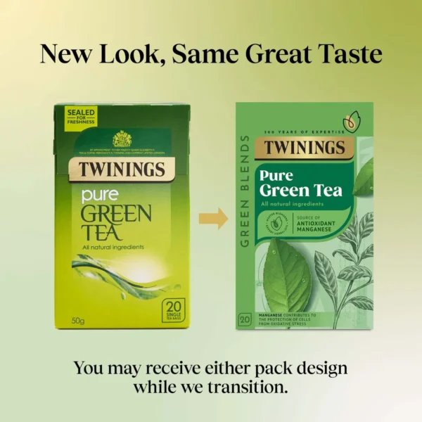 Twinings Pure Green Tea, 20 Tea Bags 50g, new and old box design side by side, available at teas.co.uk
